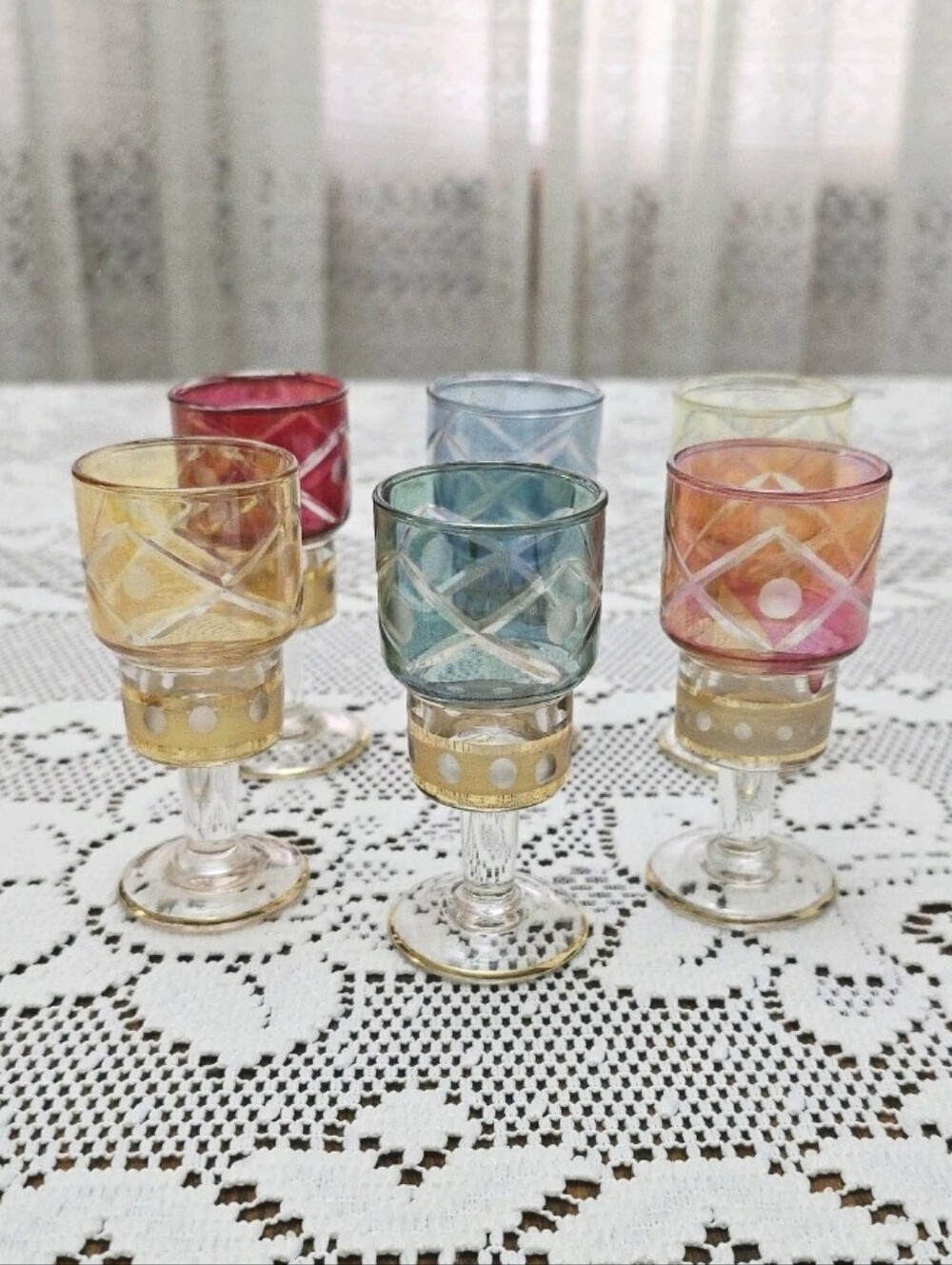 Set of 6 MCM Vintage Cordial Stem Shot Glasses Boho Etched Glass Colorful Gold
